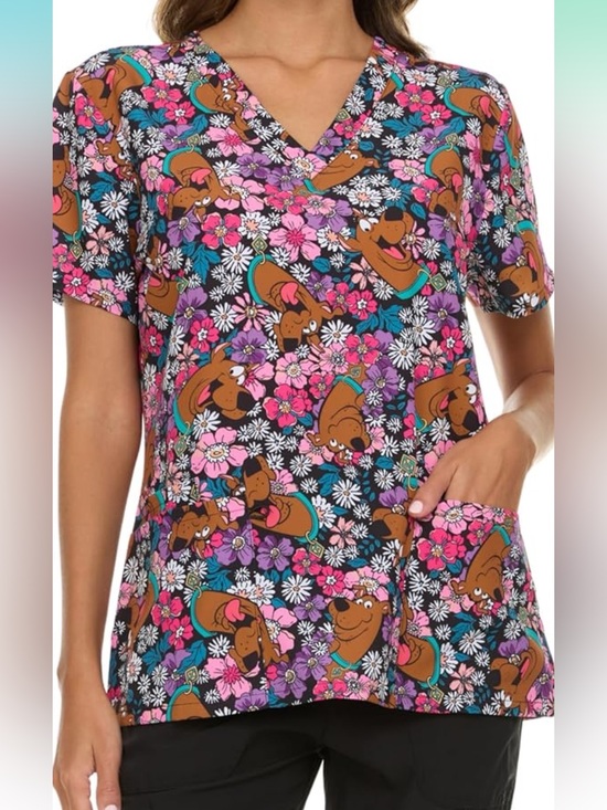 Tops - Women's Floral Scooby-Doo Print Scrub Top - Black/Pink